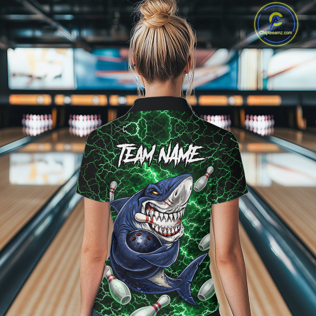 Green Lightning Thunder Angry Shark Bowling shirts For Women Custom Shark Bowling Team Jerseys NQS11758