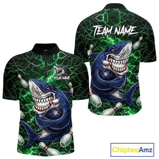 Green Lightning Thunder Angry Shark Bowling shirts For Men Custom Shark Bowling Team Jerseys NQS11758
