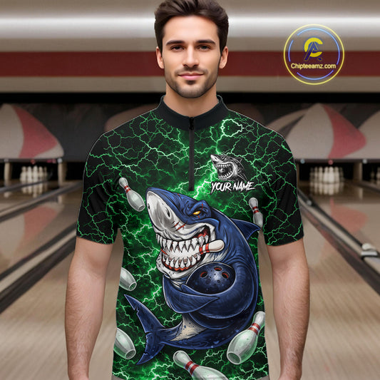 Green Lightning Thunder Angry Shark Bowling shirts For Men Custom Shark Bowling Team Jerseys NQS11758
