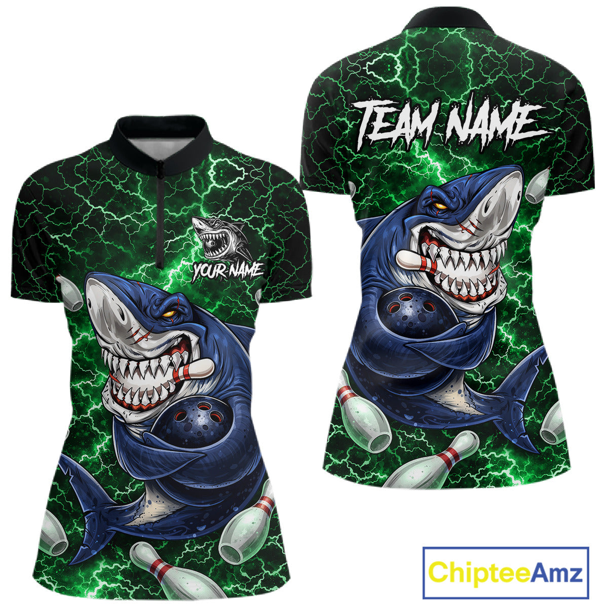 Green Lightning Thunder Angry Shark Bowling shirts For Women Custom Shark Bowling Team Jerseys NQS11758