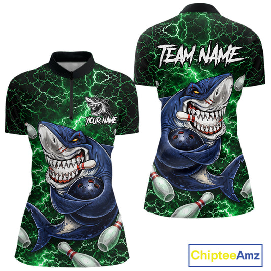 Green Lightning Thunder Angry Shark Bowling shirts For Women Custom Shark Bowling Team Jerseys NQS11758