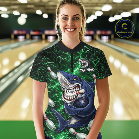 Green Lightning Thunder Angry Shark Bowling shirts For Women Custom Shark Bowling Team Jerseys NQS11758