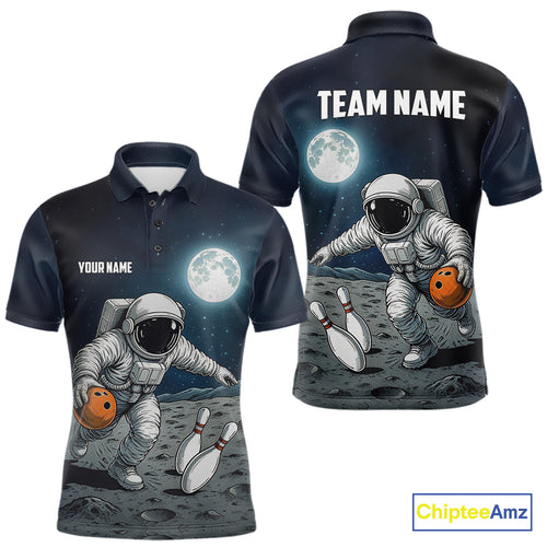 Funny Astronaut Bowling Polo, Quarter Zip Shirts For Men Custom Bowling Team Outfit, Gift For Bowler NQS10694