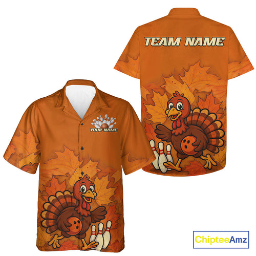 Orange Autumn pattern Custom Turkey Bowling Hawaiian Shirt, Thanksgiving Bowling Team Jerseys NQS10698