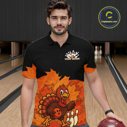 Black and Orange Autumn Leaf Custom Turkey Bowling Shirts For Men, Thanksgiving Bowling Team Jerseys NQS10699