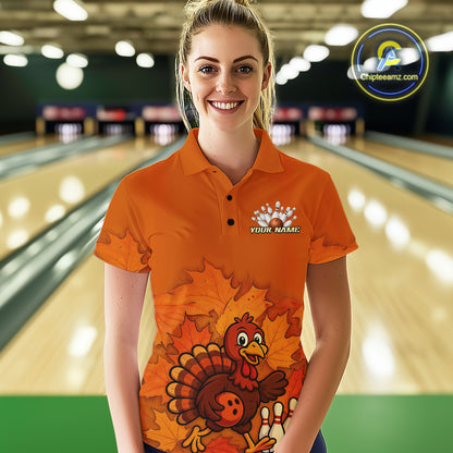 Orange Autumn pattern Custom Turkey Bowling Shirts For Women, Thanksgiving Bowling Team Jerseys NQS10698