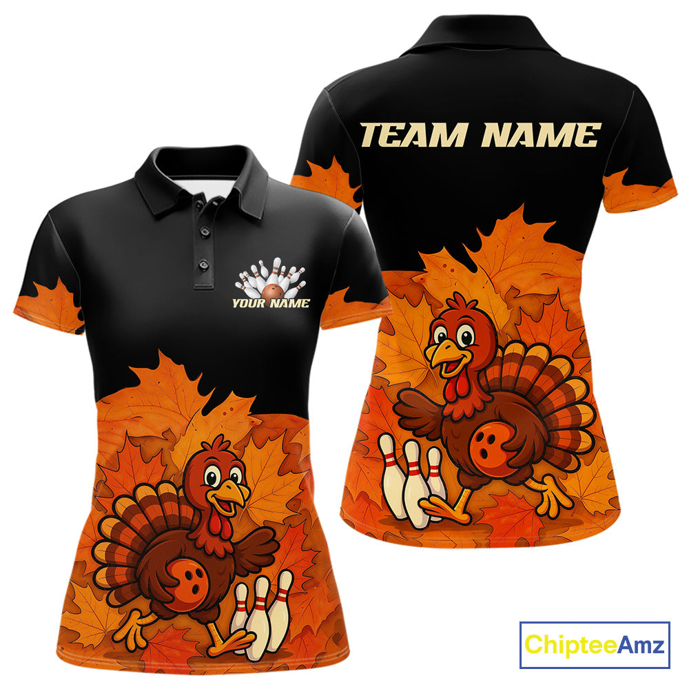 Black and Orange Autumn Leaf Custom Turkey Bowling Shirts For Women, Thanksgiving Bowling Team Jersey NQS10699