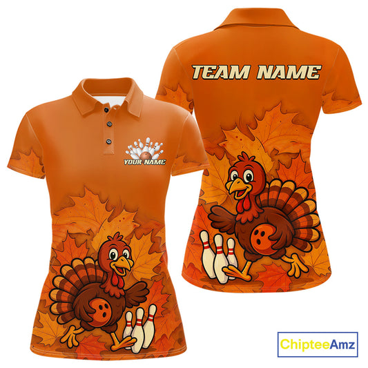 Orange Autumn pattern Custom Turkey Bowling Shirts For Women, Thanksgiving Bowling Team Jerseys NQS10698