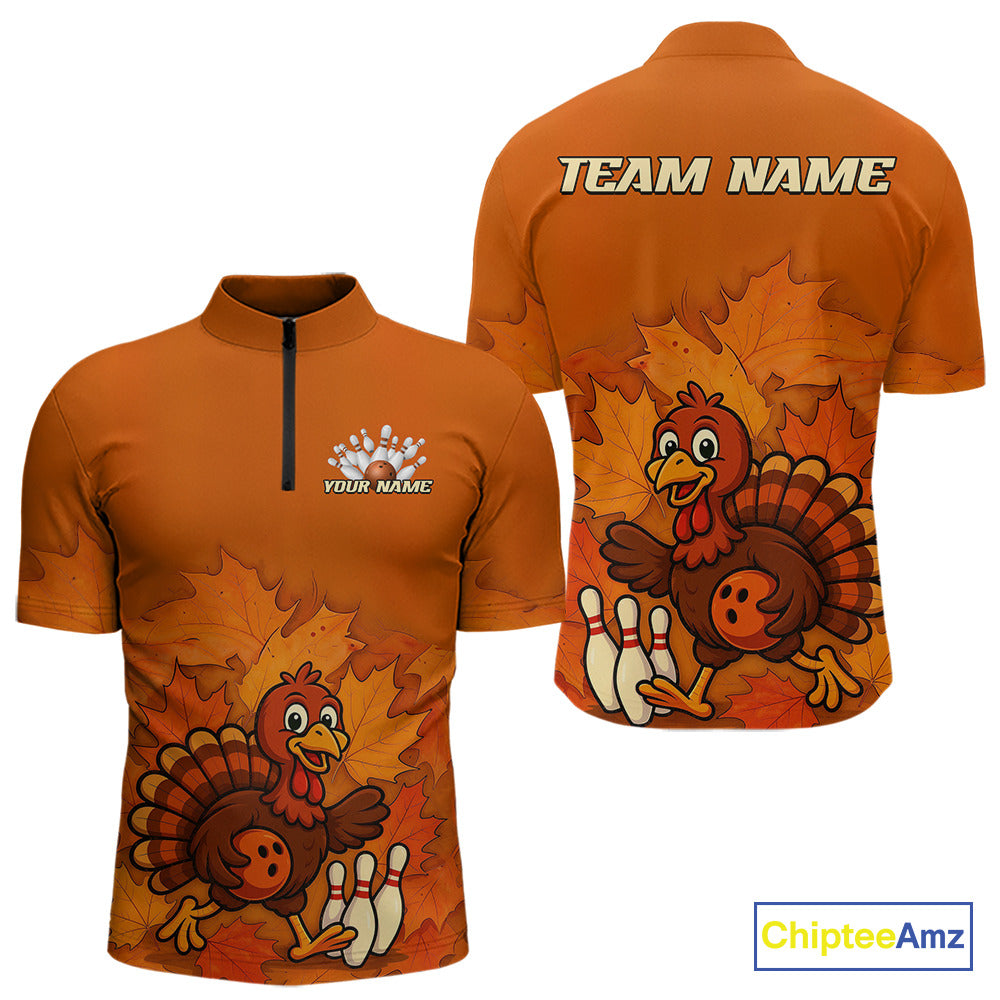 Orange Autumn pattern Custom Turkey Bowling Shirts For Men, Thanksgiving Bowling Team Jerseys NQS10698