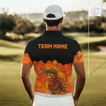 Load image into Gallery viewer, Black and Orange Autumn Leaf Custom Turkey Golf Polo Shirt For Men, Thanksgiving Golf Attire NQS10700