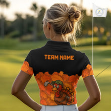Load image into Gallery viewer, Black and Orange Autumn Leaf Custom Turkey Golf Polo Shirt For Women, Thanksgiving Golf Attire NQS10700