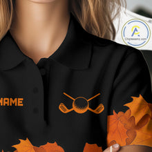 Load image into Gallery viewer, Black and Orange Autumn Leaf Custom Turkey Golf Polo Shirt For Women, Thanksgiving Golf Attire NQS10700