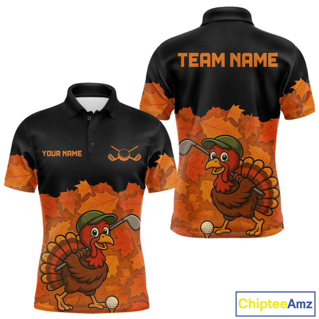 Black and Orange Autumn Leaf Custom Turkey Golf Polo Shirt For Men, Thanksgiving Golf Attire NQS10700