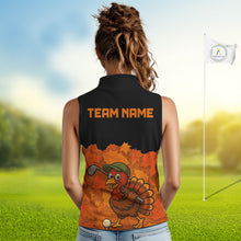 Load image into Gallery viewer, Black and Orange Autumn Leaf Custom Turkey Women Sleeveless Golf Polo Shirt, Thanksgiving Golf Attire NQS10700