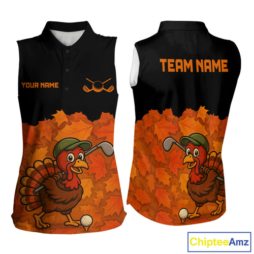 Black and Orange Autumn Leaf Custom Turkey Women Sleeveless Golf Polo Shirt, Thanksgiving Golf Attire NQS10700