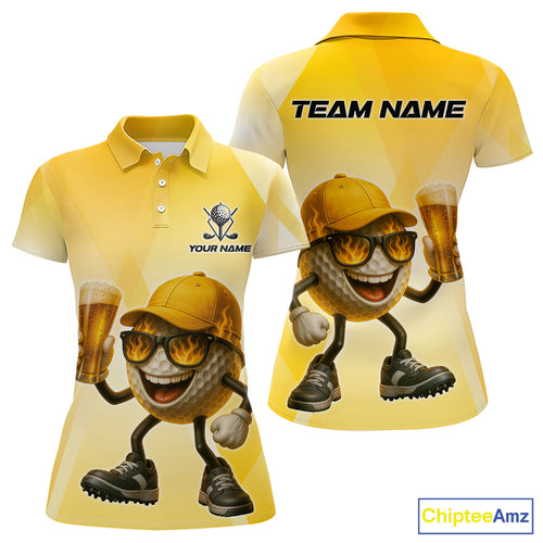 Funny Yellow pattern Golf ball drinking beer Women Golf Polo Shirt Custom team golf outfit for ladies NQS10718