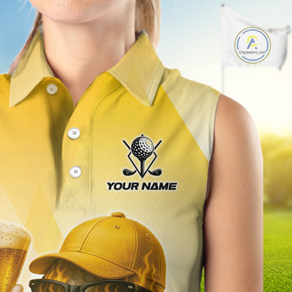Funny Yellow pattern Golf ball drinking beer Sleeveless Polo Shirt Custom team golf outfit for ladies NQS10718