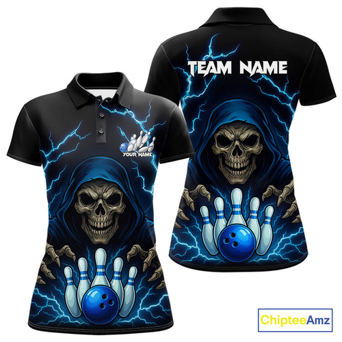 Black and Blue Lightning Thunder Reaper Skull Women Bowling Shirts Custom Bowling Team League Jersey NQS10728
