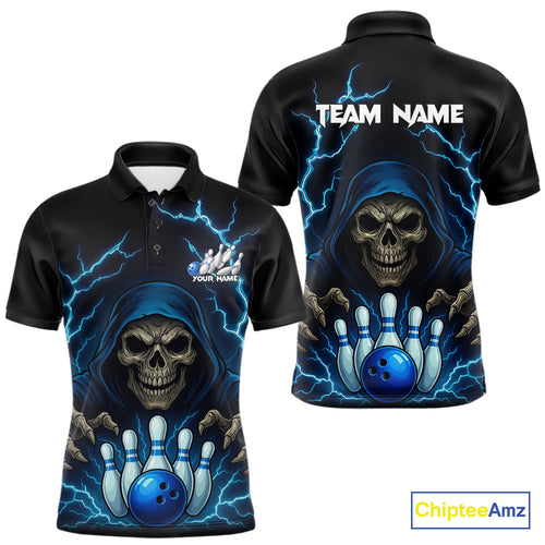 Black and Blue Lightning Thunder Reaper Skull Bowling Shirt For Men Custom Bowling Team League Jersey NQS10728