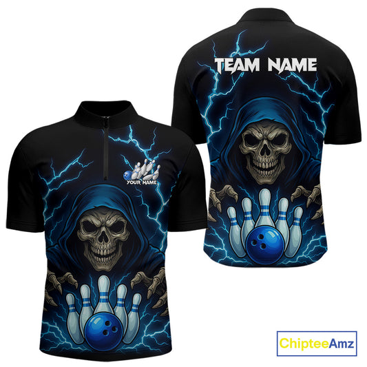 Black and Blue Lightning Thunder Reaper Skull Bowling Shirt For Men Custom Bowling Team League Jersey NQS10728