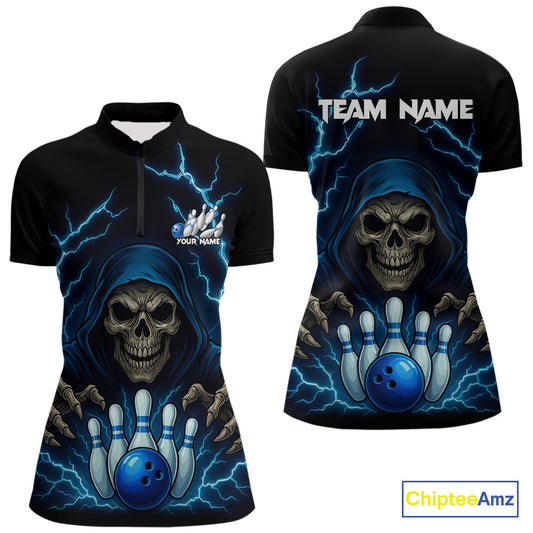 Black and Blue Lightning Thunder Reaper Skull Women Bowling Shirts Custom Bowling Team League Jersey NQS10728