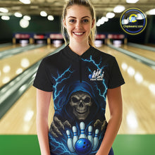 Load image into Gallery viewer, Black and Blue Lightning Thunder Reaper Skull Women Bowling Shirts Custom Bowling Team League Jersey NQS10728