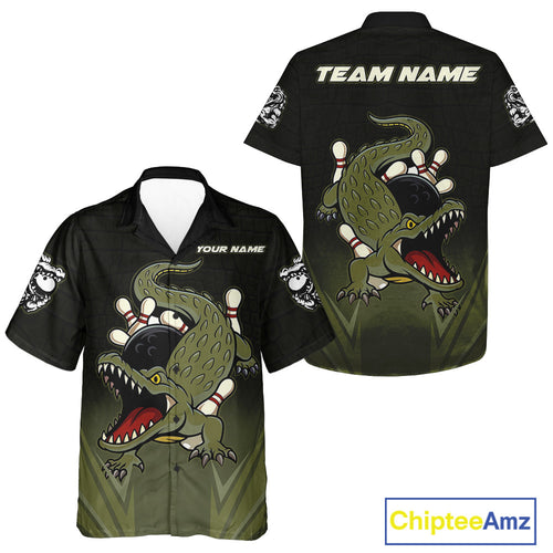 Custom Black and Green Alligator Bowling Hawaiian Shirt, Bowling Team league button-up shirts NQS10735