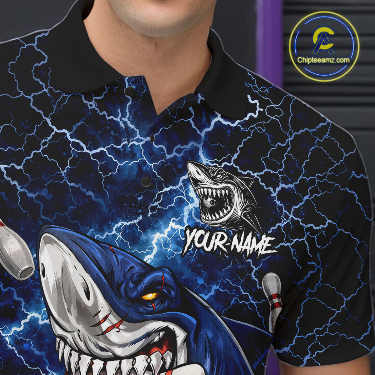Blue Lightning Thunder Angry Shark Bowling shirts For Men Custom Shark Bowling Team Jerseys NQS11539