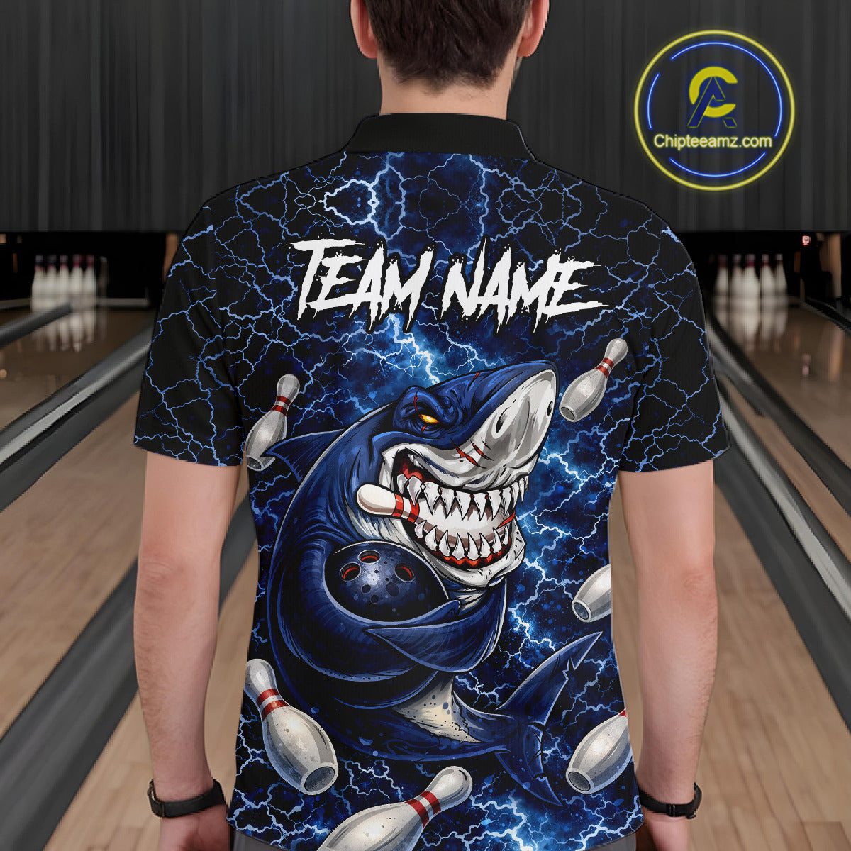 Blue Lightning Thunder Angry Shark Bowling shirts For Men Custom Shark Bowling Team Jerseys NQS11539