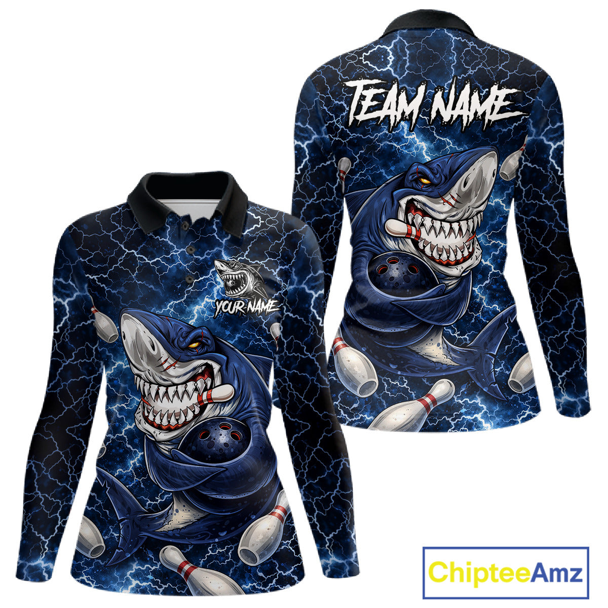 Blue Lightning Thunder Angry Shark Bowling shirts For Women Custom Shark Bowling Team Jerseys NQS11539