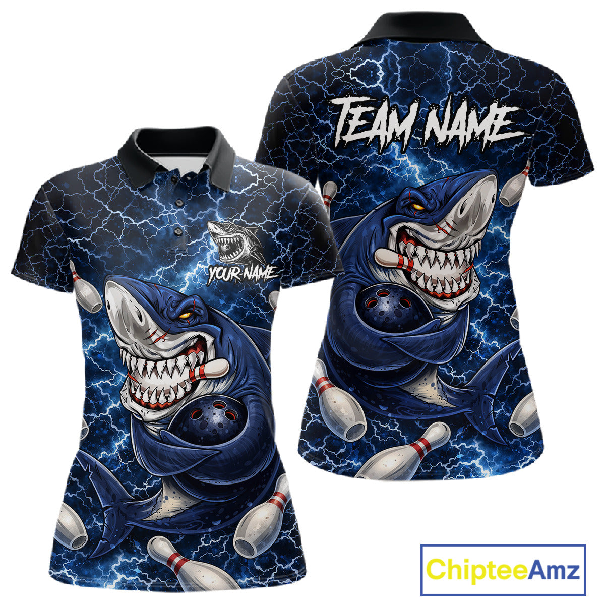 Blue Lightning Thunder Angry Shark Bowling shirts For Women Custom Shark Bowling Team Jerseys NQS11539