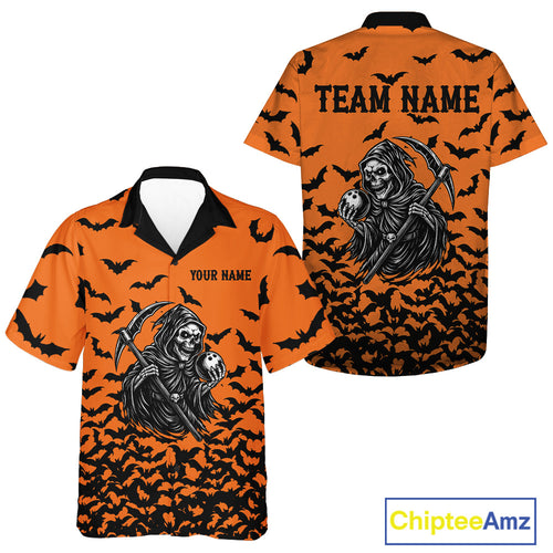 Black and Orange Bats Halloween Skull Reaper Bowling Hawaiian Shirt Custom Bowling Team Jerseys NQS10755