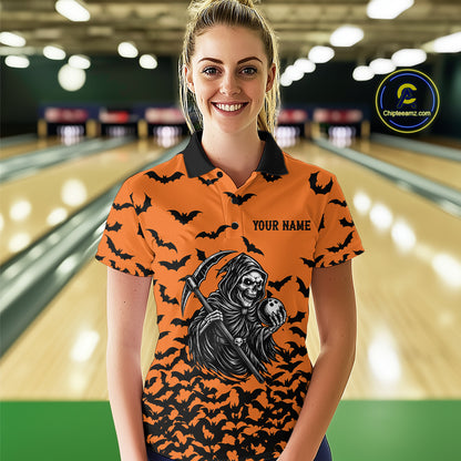 Black and Orange Bats Halloween Skull Reaper Bowling Shirts For Women Custom Bowling Team Jerseys NQS10755