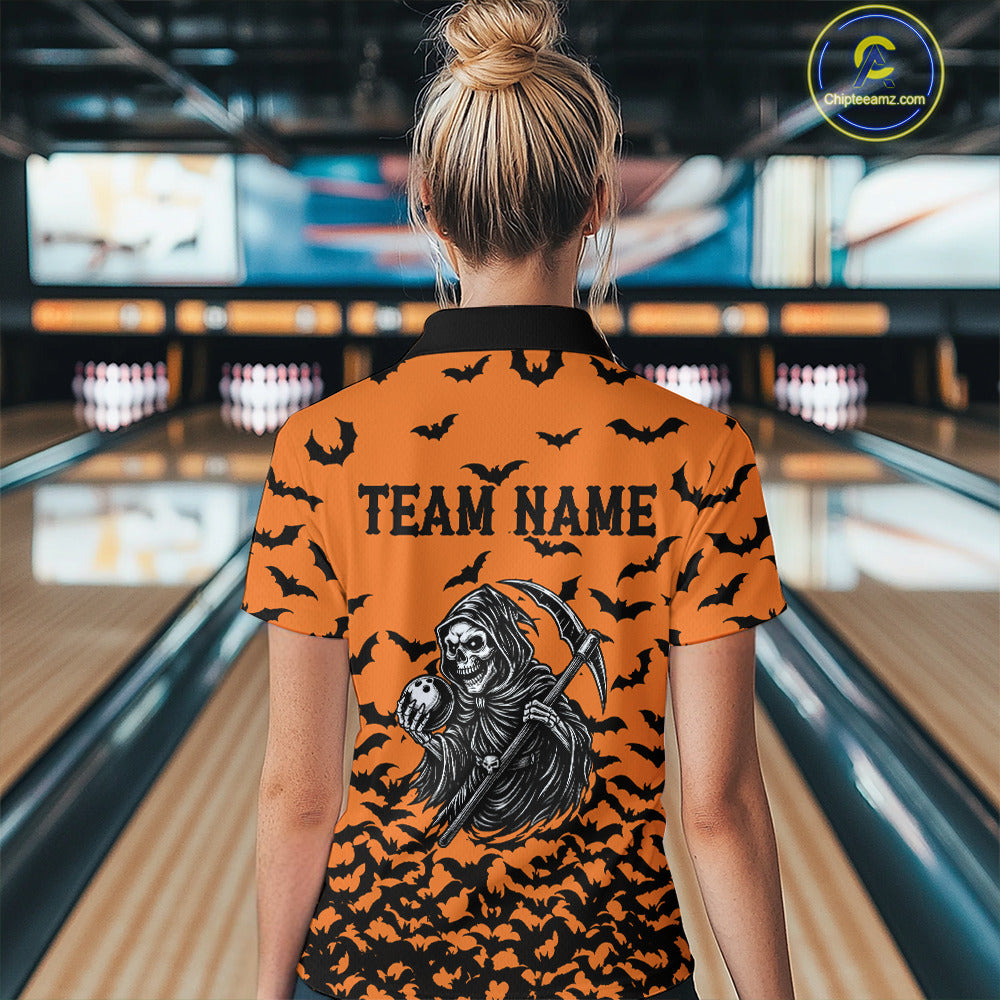Black and Orange Bats Halloween Skull Reaper Bowling Shirts For Women Custom Bowling Team Jerseys NQS10755