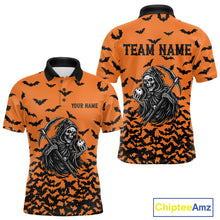 Load image into Gallery viewer, Black and Orange Bats Halloween Skull Reaper Bowling Shirts For Men Custom Bowling Team Jerseys NQS10755