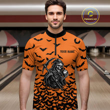 Load image into Gallery viewer, Black and Orange Bats Halloween Skull Reaper Bowling Shirts For Men Custom Bowling Team Jerseys NQS10755
