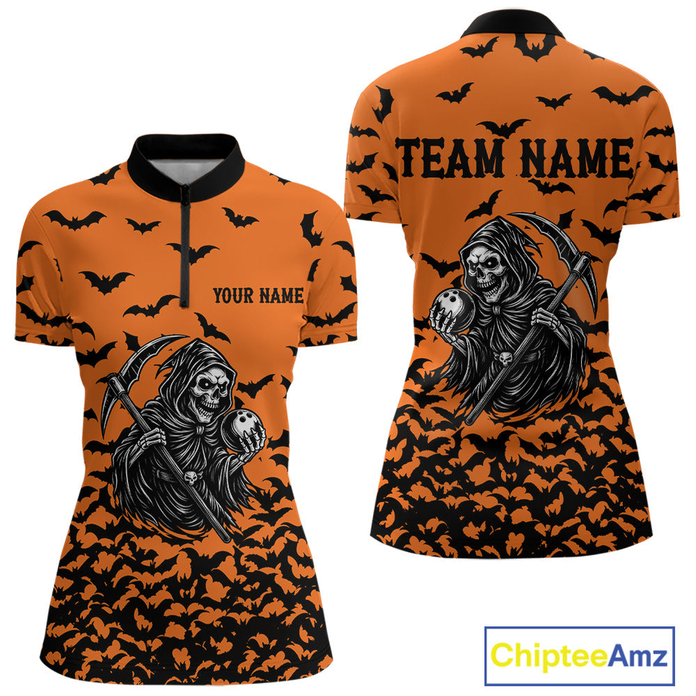 Black and Orange Bats Halloween Skull Reaper Bowling Shirts For Women Custom Bowling Team Jerseys NQS10755