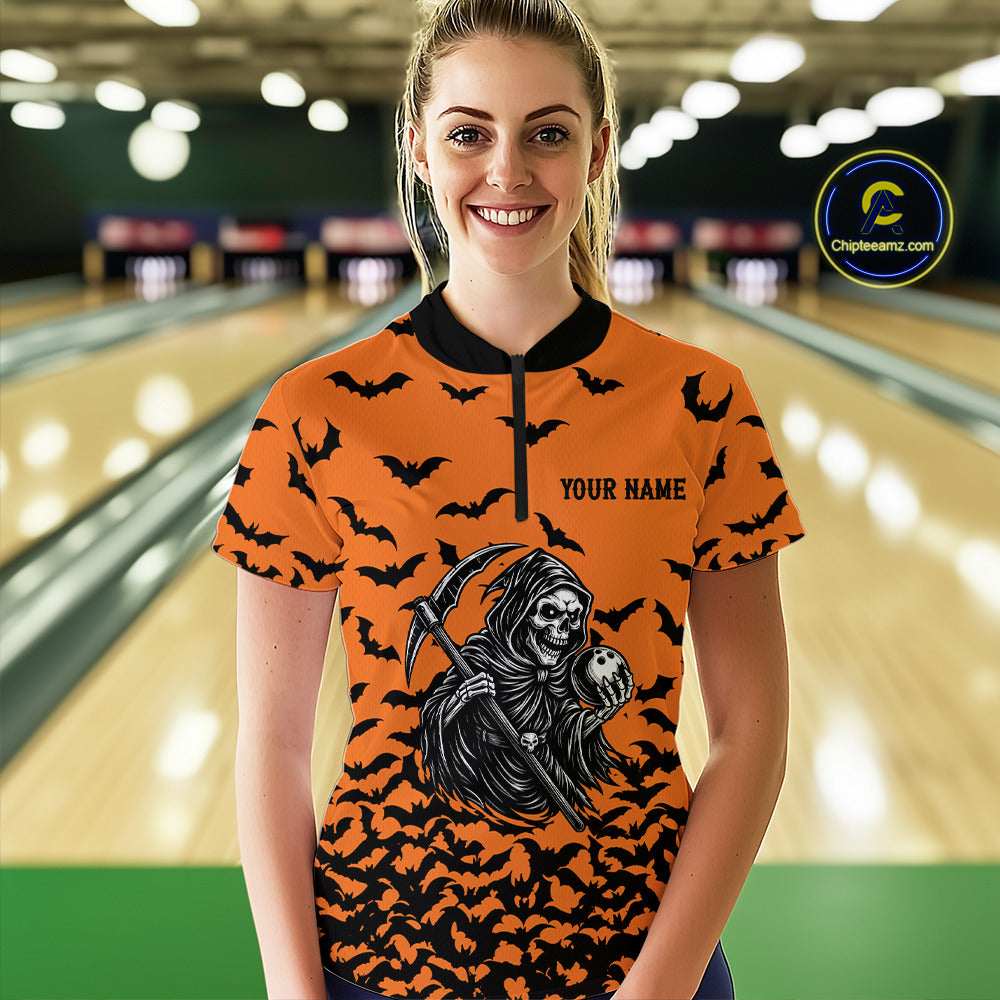 Black and Orange Bats Halloween Skull Reaper Bowling Shirts For Women Custom Bowling Team Jerseys NQS10755