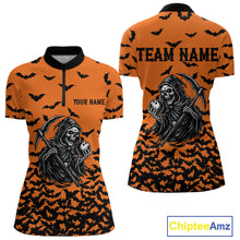 Load image into Gallery viewer, Black and Orange Bats Halloween Skull Reaper Bowling Shirts For Women Custom Bowling Team Jerseys NQS10755