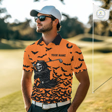 Load image into Gallery viewer, Black and Orange Bats Halloween Skull Reaper Golf Polo Shirt For Men Custom Halloween mens golf top NQS10756