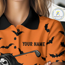 Load image into Gallery viewer, Black and Orange Bats Halloween Skull Reaper Golf Polo Shirt For Women Custom ladies golf top NQS10756