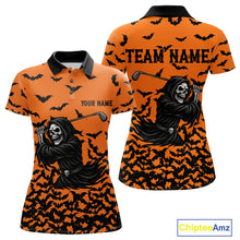 Load image into Gallery viewer, Black and Orange Bats Halloween Skull Reaper Golf Polo Shirt For Women Custom ladies golf top NQS10756