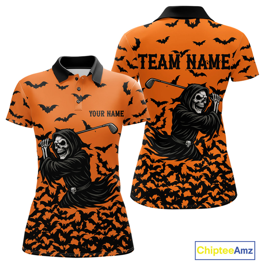 Black and Orange Bats Halloween Skull Reaper Golf Polo Shirt For Women Custom ladies golf top NQS10756