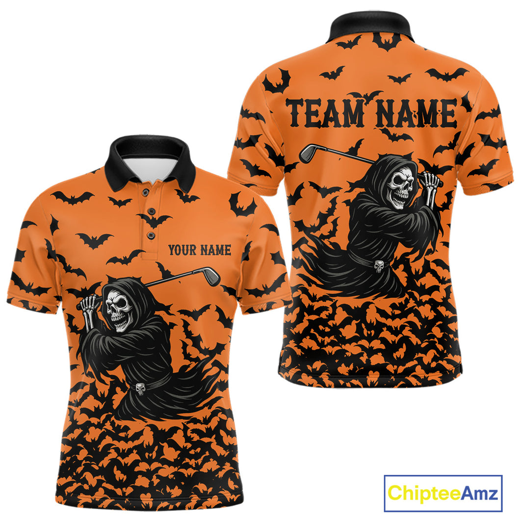Black and Orange Bats Halloween Skull Reaper Golf Polo Shirt For Men Custom Halloween mens golf top NQS10756