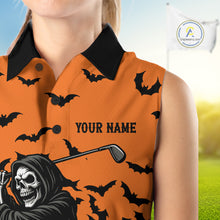 Load image into Gallery viewer, Black and Orange Bats Halloween Skull Reaper Golf Sleeveless Polo Shirt Custom ladies golf top NQS10756