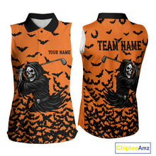 Load image into Gallery viewer, Black and Orange Bats Halloween Skull Reaper Golf Sleeveless Polo Shirt Custom ladies golf top NQS10756