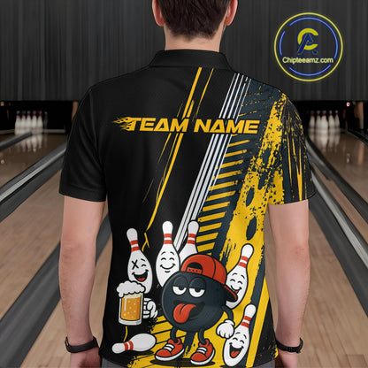 Custom Black and Yellow Funny Bowling And Beer Team Bowling Shirts For Men, bowling outfits for men NQS10965