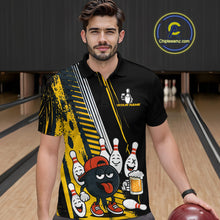 Load image into Gallery viewer, Custom Black and Yellow Funny Bowling And Beer Team Bowling Shirts For Men, bowling outfits for men NQS10965
