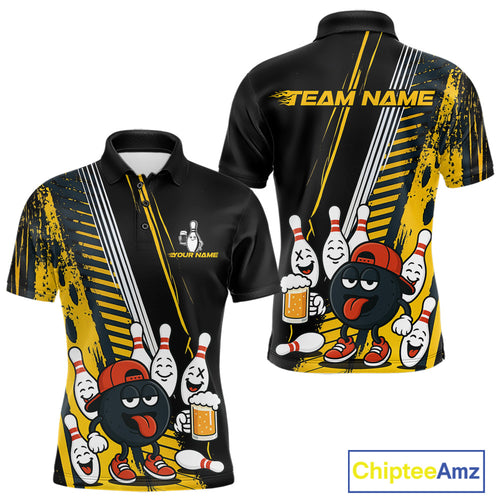 Custom Black and Yellow Funny Bowling And Beer Team Bowling Shirts For Men, bowling outfits for men NQS10965