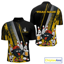 Load image into Gallery viewer, Custom Black and Yellow Funny Bowling And Beer Team Bowling Shirts For Men, bowling outfits for men NQS10965